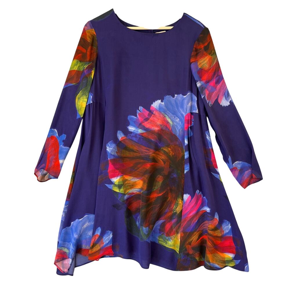 Leifsdottir Anthropologie 100% Silk Floral Art Print Dress Large Spring